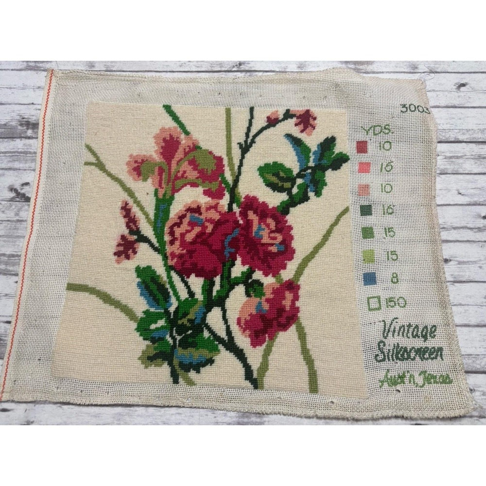 Original Vintage Hand Embroidery Yarn Needlepoint Pansies Flower 14x17" Unframed